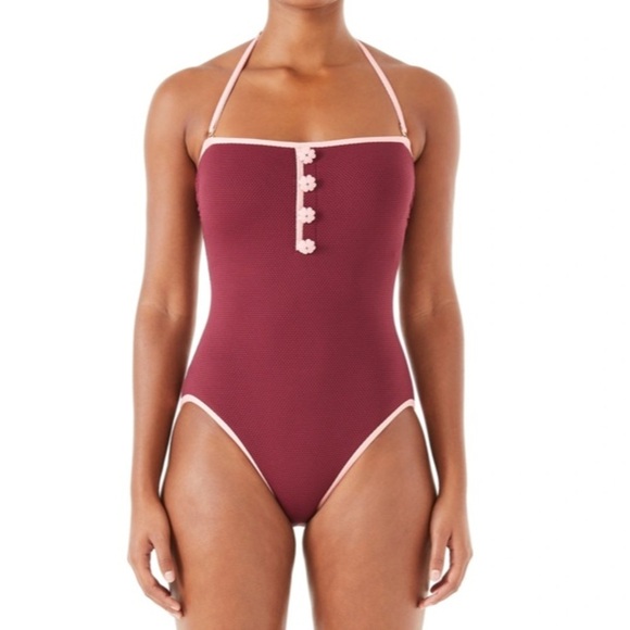 Kate Spade classic pique bandeau one piece in plum with pale pink trim. Large - Picture 1 of 9